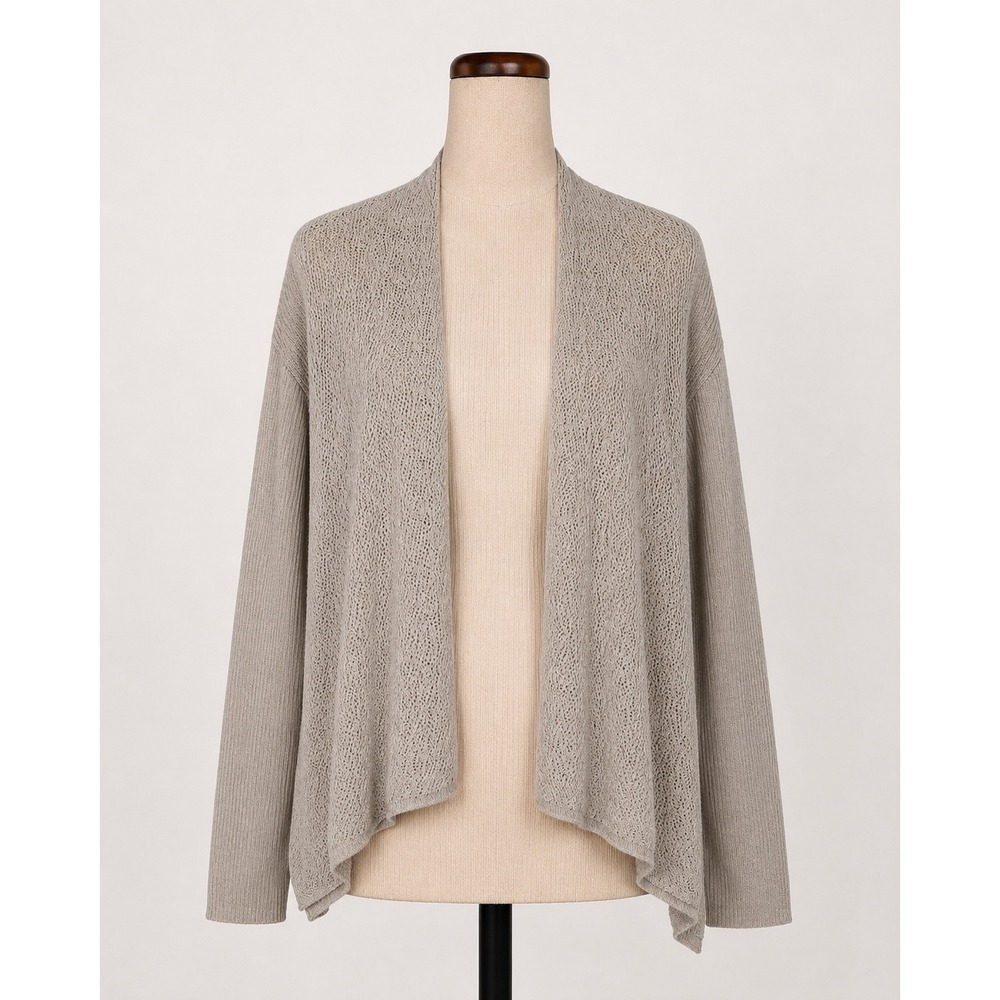 Eileen Fisher Womens XS Taupe Grey 100% Wool Pointelle Ribbed Open Cardigan